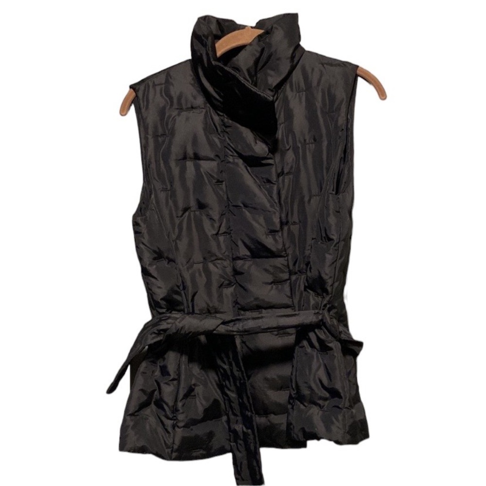 Talbots Goose Down Tie Waist Small Black Puffer Vest Zip & Button Closure Small